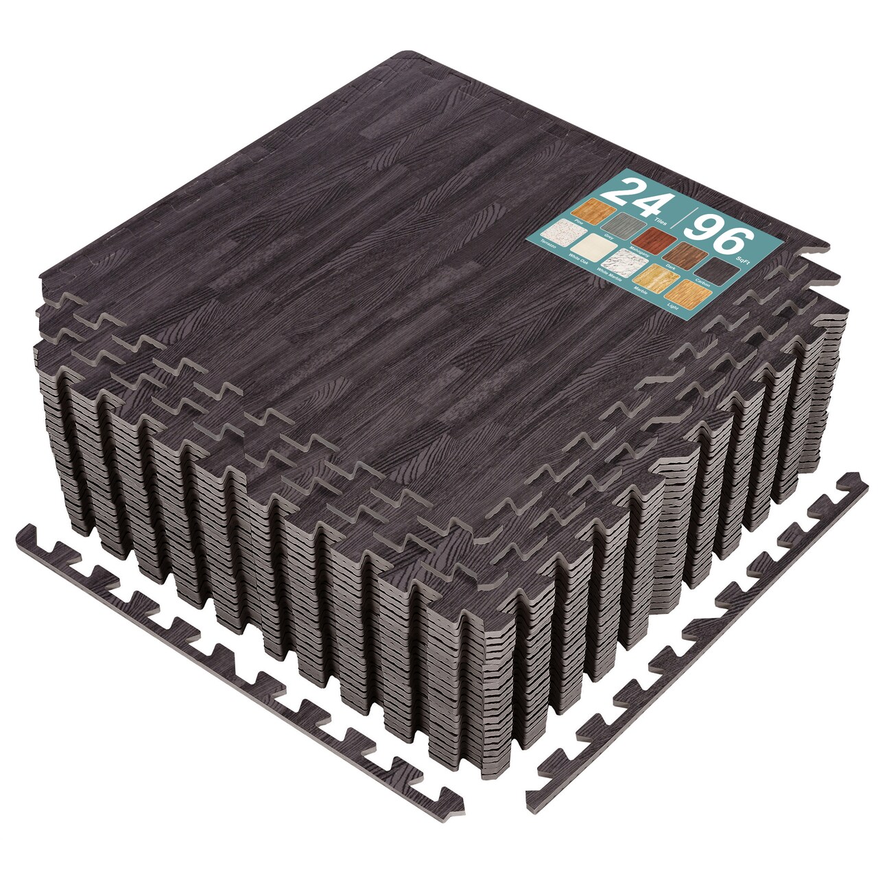 Sorbus 96 Sq. Ft. Wood Grain Floor Tiles, 24 Interlocking EVA Foam Mats, Thick Floor Mats w/ Borders for Home Gym, Playroom, and More